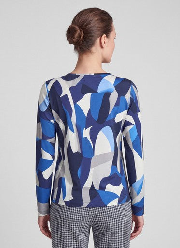 Rabe Blue Patterned Long Sleeve Top with Round Neck