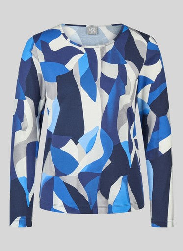 Rabe Blue Patterned Long Sleeve Top with Round Neck