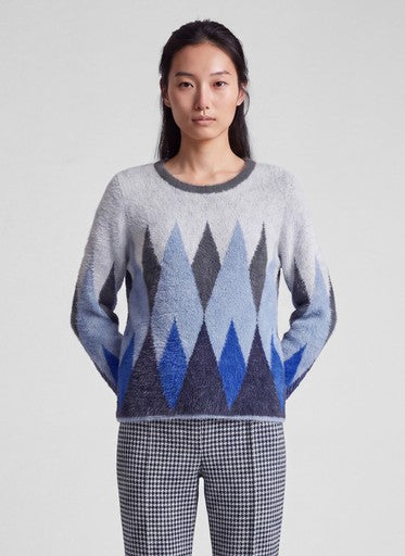 Rabe Blue Diamond Pattern Fluffy Sweater with Round Neck