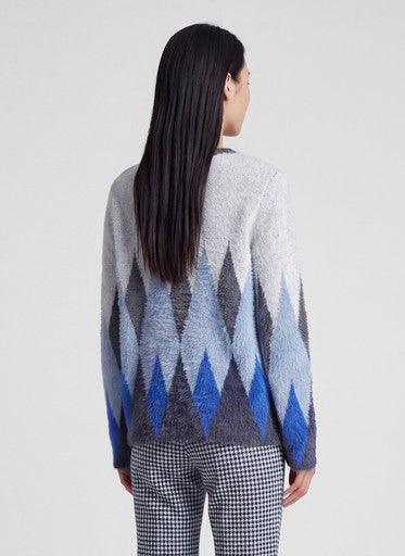 Rabe Blue Diamond Pattern Fluffy Sweater with Round Neck
