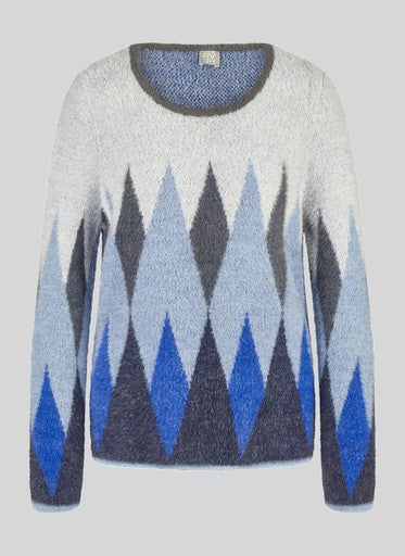 Rabe Blue Diamond Pattern Fluffy Sweater with Round Neck