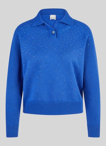 Rabe Blue Polo Neck Sweater with Rhinestone Detail and Long Sleeves