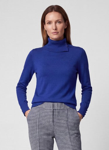 Rabe Blue Fine Knit Ribbed Polo Neck Sweater with Button Cuff Detail