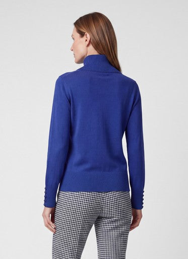 Rabe Blue Fine Knit Ribbed Polo Neck Sweater with Button Cuff Detail