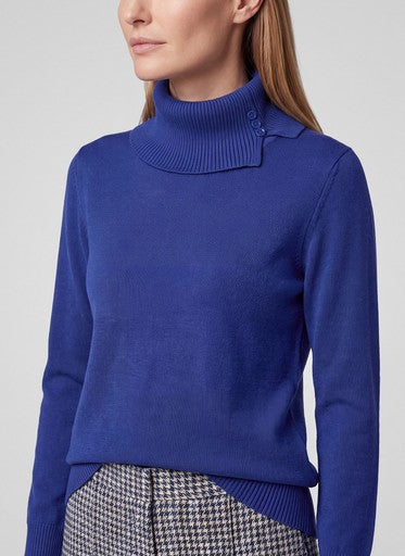 Rabe Blue Fine Knit Ribbed Polo Neck Sweater with Button Cuff Detail