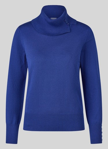 Rabe Blue Fine Knit Ribbed Polo Neck Sweater with Button Cuff Detail