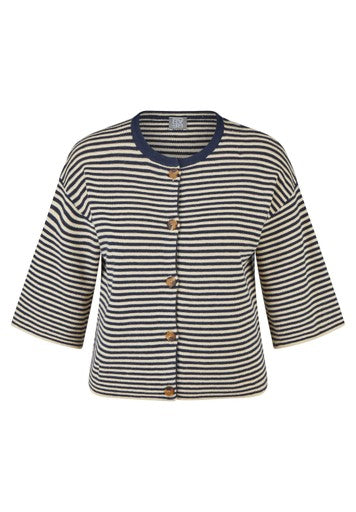 Rabe Pacific Blue & White Striped Cardigan – 3/4 Sleeve Round Neck