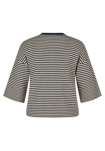 Rabe Pacific Blue & White Striped Cardigan – 3/4 Sleeve Round Neck