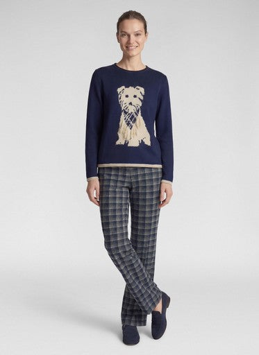 Rabe Pacific Blue Dog Motif Crew Neck Cotton Blend Sweater