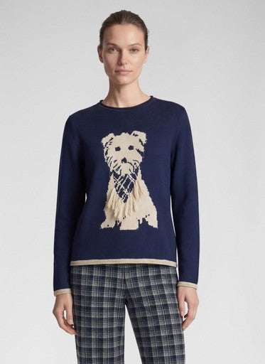 Rabe Pacific Blue Dog Motif Crew Neck Cotton Blend Sweater
