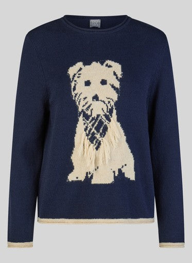 Rabe Pacific Blue Dog Motif Crew Neck Cotton Blend Sweater