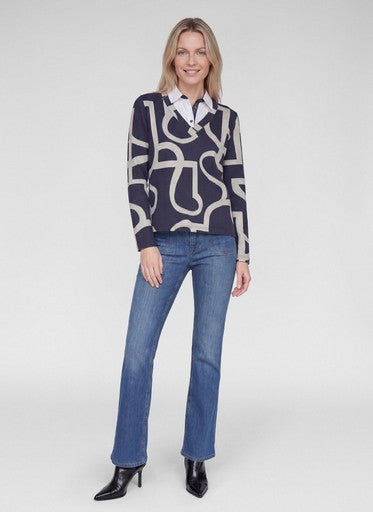 Rabe Pacific Blue Patterned Long Sleeve Polo Top with Shirt Collar