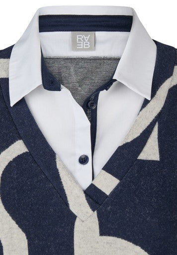 Rabe Pacific Blue Patterned Long Sleeve Polo Top with Shirt Collar