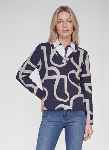 Rabe Pacific Blue Patterned Long Sleeve Polo Top with Shirt Collar