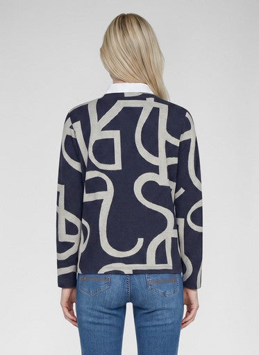 Rabe Pacific Blue Patterned Long Sleeve Polo Top with Shirt Collar