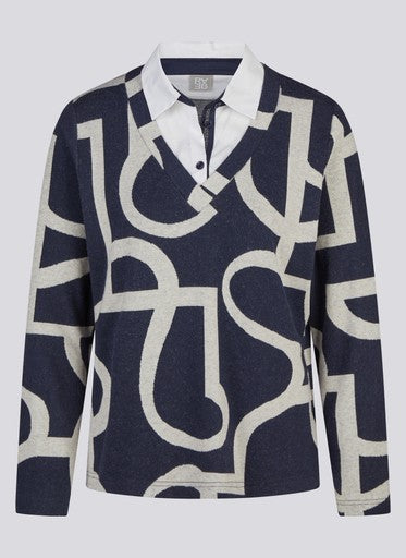 Rabe Pacific Blue Patterned Long Sleeve Polo Top with Shirt Collar