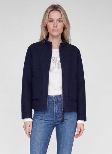 Rabe Marine Blue Wool Blend Jacket with High Neck and Zip Fastening