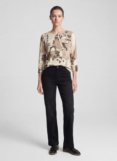 Rabe Alabaster Print Top – 3/4 Sleeve Round Neck with Rhinestone Detail 