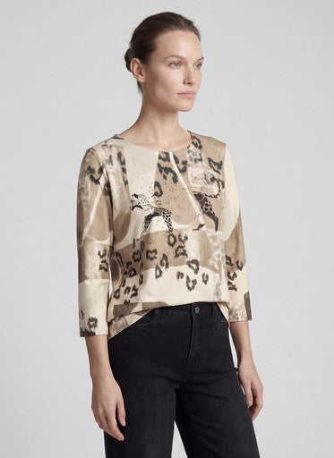 Rabe Alabaster Print Top – 3/4 Sleeve Round Neck with Rhinestone Detail 
