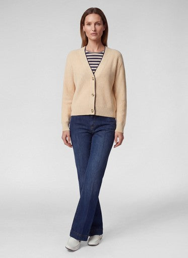 Rabe Biscuit Open Knit V Neck Cardigan – Dark Blue Trim