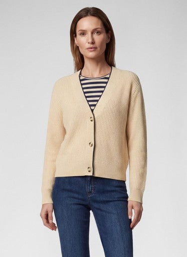 Rabe Biscuit Open Knit V Neck Cardigan – Dark Blue Trim