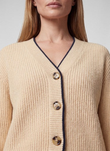 Rabe Biscuit Open Knit V Neck Cardigan – Dark Blue Trim