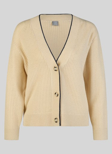 Rabe Biscuit Open Knit V Neck Cardigan – Dark Blue Trim
