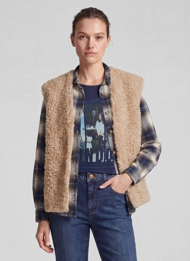 Rabe Biscuit Faux Fur Gilet with V Neck & Hook Fastening