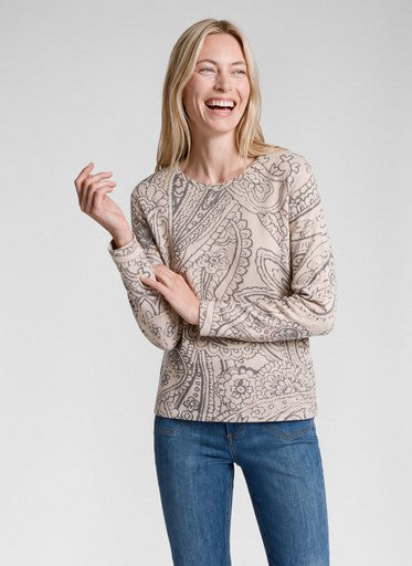 Rabe Beige & Grey Print Soft Feel Round Neck Long Sleeve Top