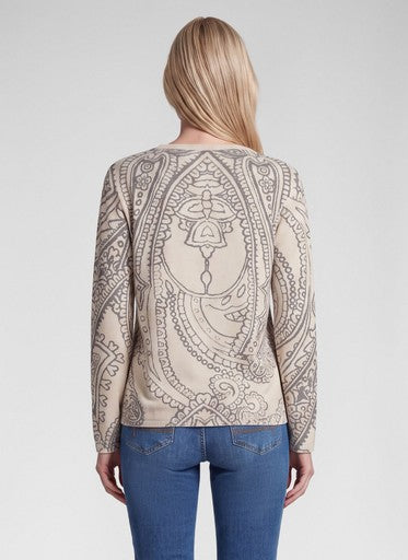 Rabe Beige & Grey Print Soft Feel Round Neck Long Sleeve Top