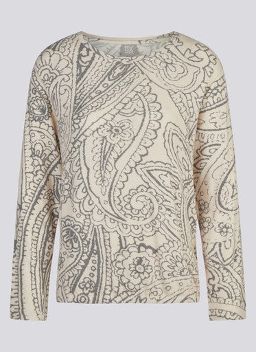 Rabe Beige & Grey Print Soft Feel Round Neck Long Sleeve Top