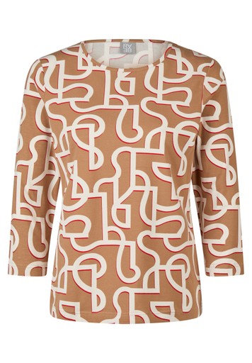 Rabe Caramel Stretch Cotton Top Graphic Print Round Neck 3/4 Sleeve