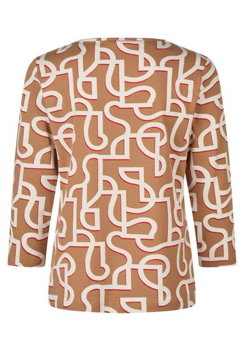 Rabe Caramel Stretch Cotton Top Graphic Print Round Neck 3/4 Sleeve