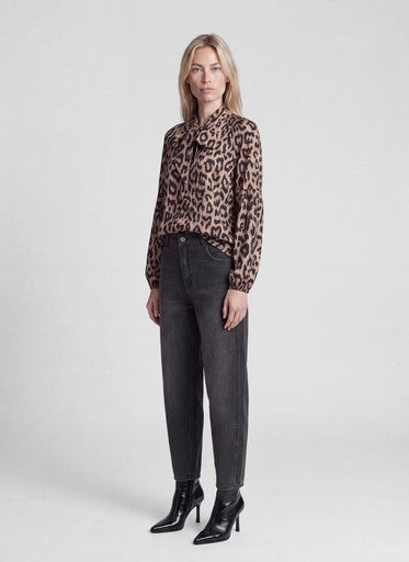 Rabe Taupe Animal Print V-Neck Top – Long Sleeve with Tie Bow