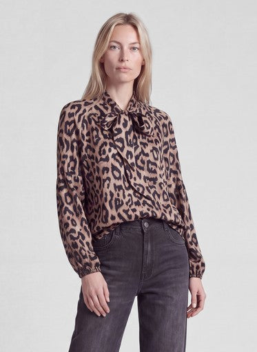 Rabe Taupe Animal Print V-Neck Top – Long Sleeve with Tie Bow
