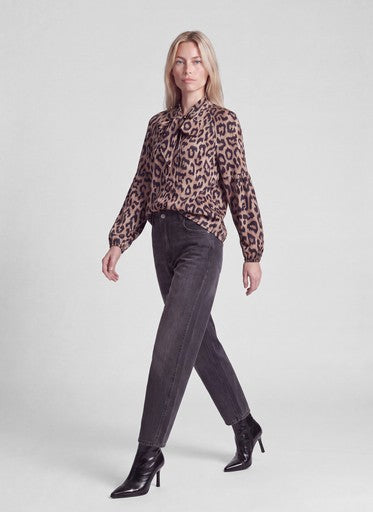 Rabe Taupe Animal Print V-Neck Top – Long Sleeve with Tie Bow