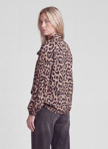 Rabe Taupe Animal Print V-Neck Top – Long Sleeve with Tie Bow