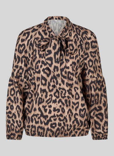 Rabe Taupe Animal Print V-Neck Top – Long Sleeve with Tie Bow