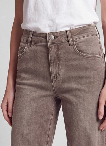 Rabe Brown Straight Leg Jeans – Stretch 5 Pocket with Rhinestone Detail