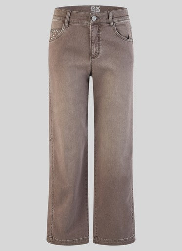 Rabe Brown Straight Leg Jeans – Stretch 5 Pocket with Rhinestone Detail