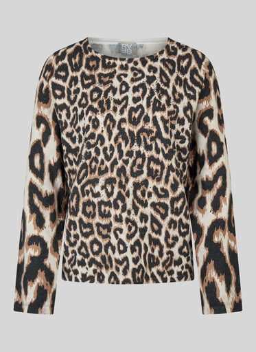 Rabe Taupe & Black Animal Print Fine Knit Crew Neck Sweater