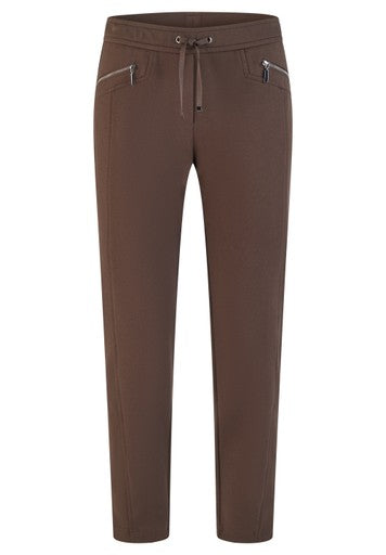 Rabe Brown Slim Leg Stretch Trousers | Elasticated Drawstring Waist & Zip Pockets