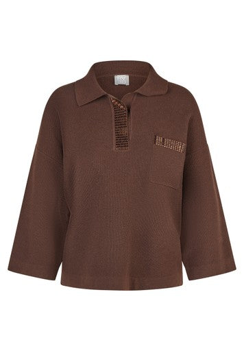 Rabe Mocha Polo Neck Top Long Sleeve with Beaded Neckline Detail