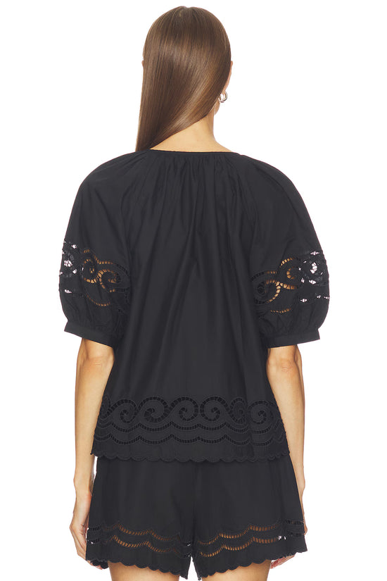 Rails Black Embroidered Cotton Top with Puff Sleeves & Scalloped Hem CATALENE