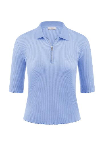 Riani Light Blue Ribbed Polo Top with 1/4 Zip, Half Sleeve in Stretch Cotton 638310