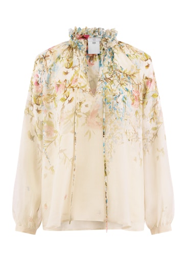 Riani Multi-Colour Floral Semi-Sheer Blouse with Frill Collar, V-Neck Tie, Long Sleeve 645800 4577