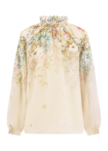 Riani Multi-Colour Floral Semi-Sheer Blouse with Frill Collar, V-Neck Tie, Long Sleeve 645800 4577