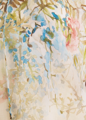 Riani Multi-Colour Floral Semi-Sheer Blouse with Frill Collar, V-Neck Tie, Long Sleeve 645800 4577