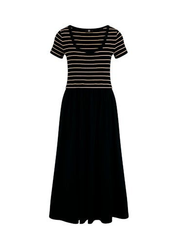 Riani Black Maxi Dress with Striped Stretch Cotton Bodice & Plain Skirt