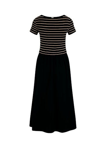 Riani Black Maxi Dress with Striped Stretch Cotton Bodice & Plain Skirt